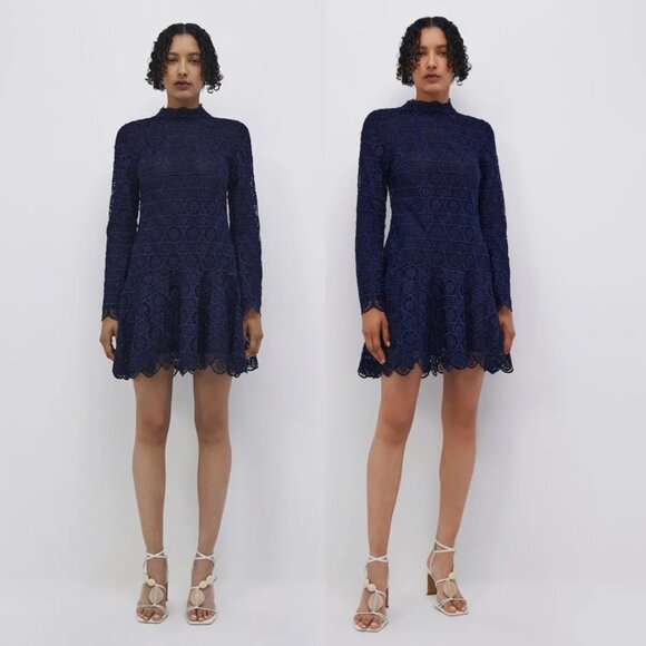 NWT Jonathan Simkhai Joy Navy Mini Dress Sz 2 Midnight Guipure Lace Scallop Hem - Picture 1 of 7